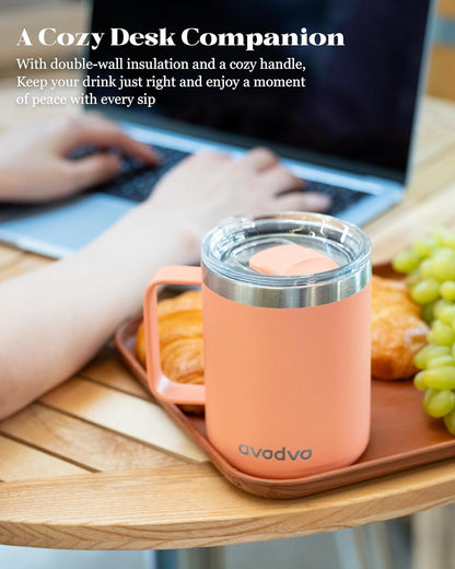 12oz Insulated Coffee Mug with Lid – Includes Two Lids, Stainless Steel Coffee Travel Mug with Handle, Double Wall Vacuum Insulated Camping Mug for Home, Office & Outdoor, Navy Blue
