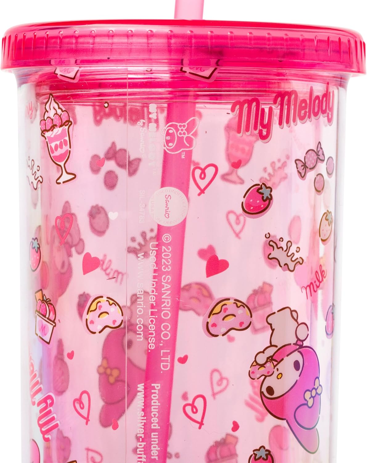 Silver Buffalo Sanrio Hello Kitty Milk Carton Pattern Plastic Boba Tumbler w Lid and Wide Straw, 24 Ounces