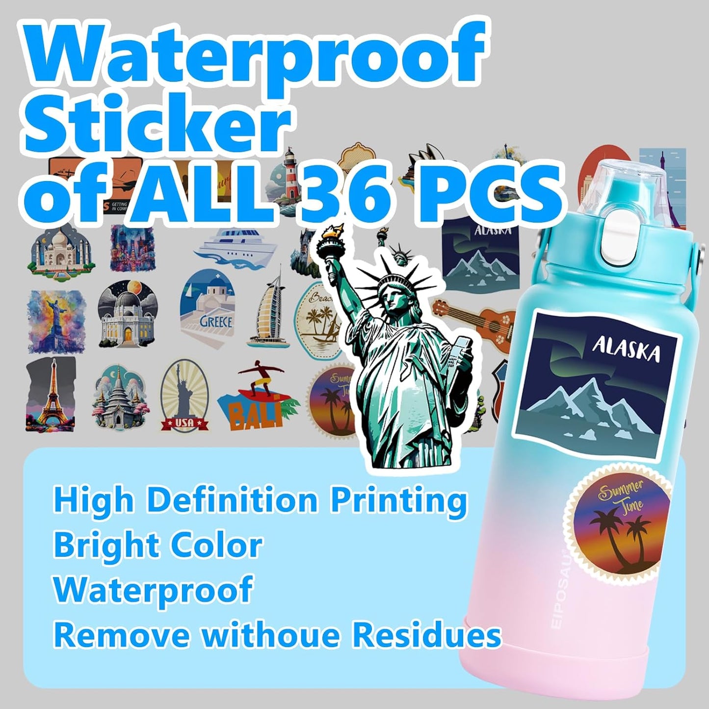 Insulated Water Bottle with Lid & Boot & Stickers, 24 oz Stainless Steel Sweat Free Bottle Keep Cold 24H, BPA-Free Sports Wide Mouth Water Bottle, BlueBlack