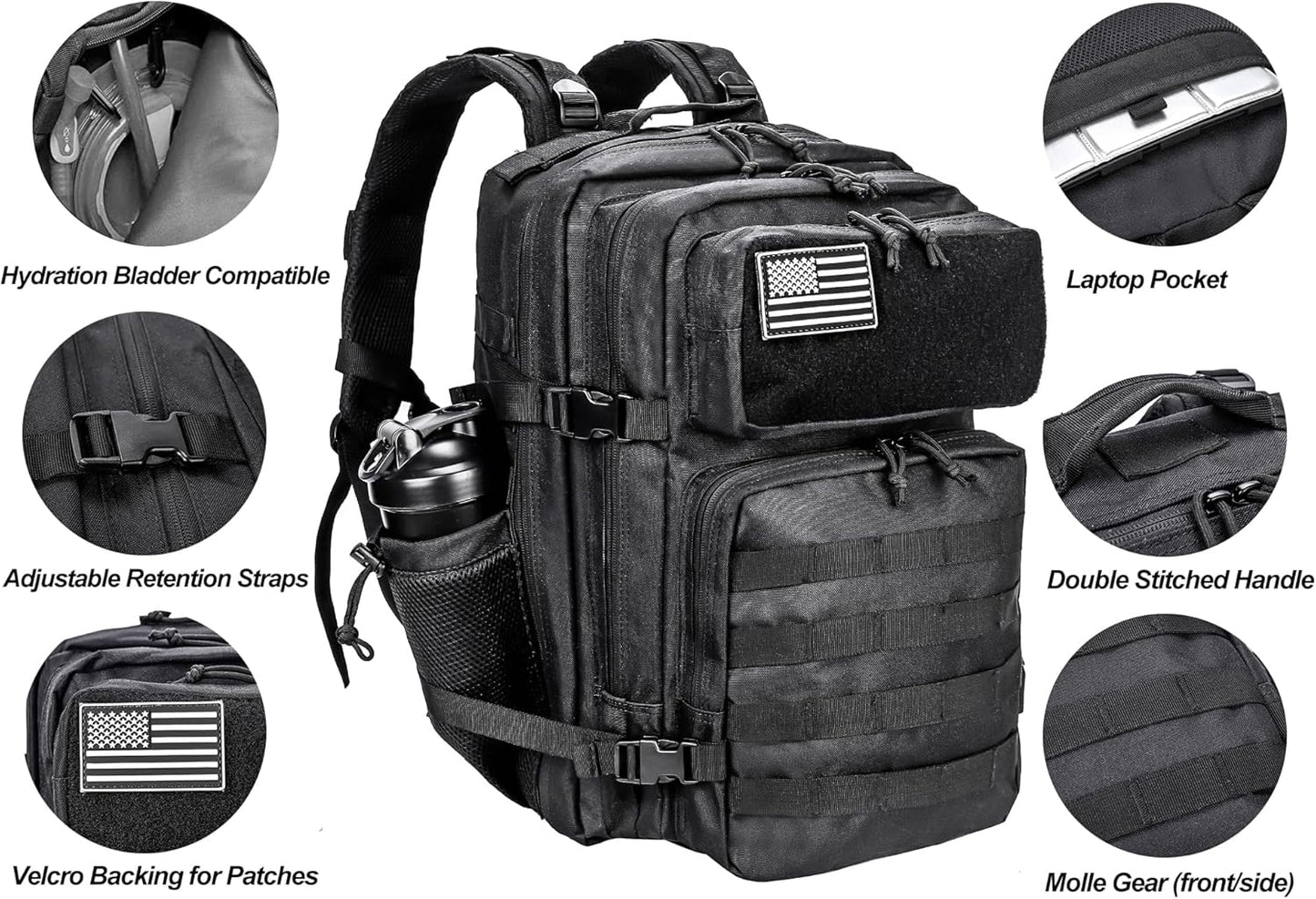 LHI Military Tactical Backpack for Men and Women 45L Army 3 Days Assault Pack Bag Large Rucksack with Molle System - Black - Colors B