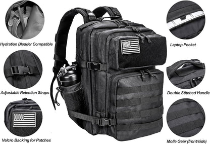 LHI Military Tactical Backpack for Men and Women 45L Army 3 Days Assault Pack Bag Large Rucksack with Molle System - Black - Colors B