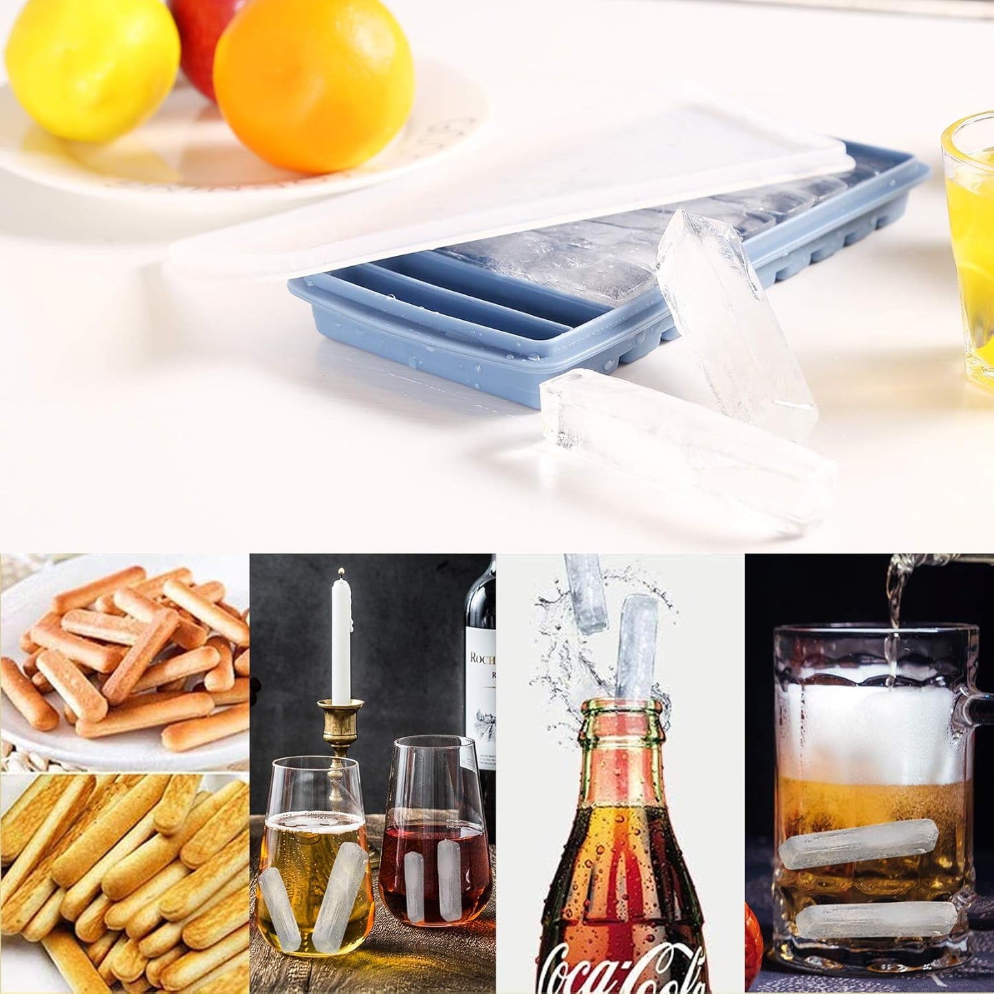 LessMo 3 PCS Ice Cube Tray, Long Ice Stick Tray Silicone with Lid, Rectangular Narrow Stick, Reusable, Flexible, Easy Release, for Small Mouth Sport Bottles, Juice Bottles, Cocktail Parties