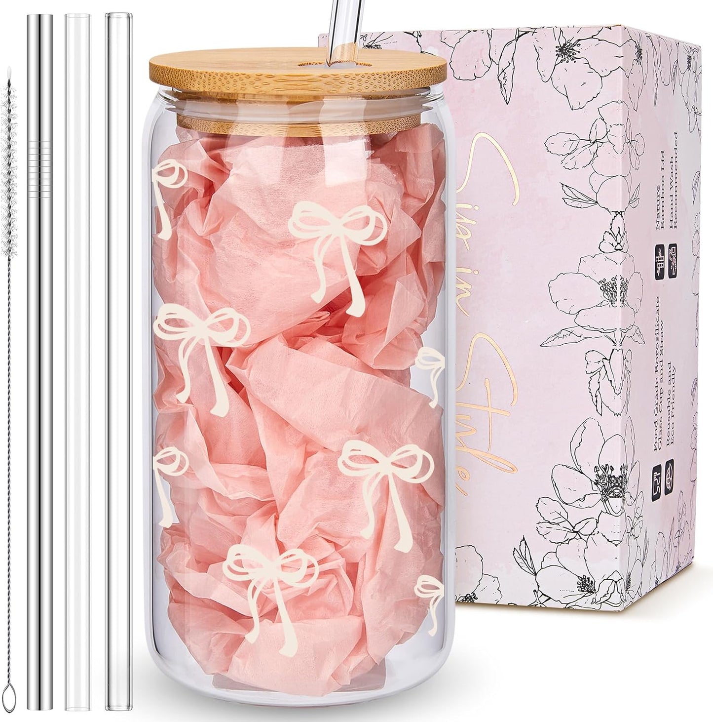 Coquette Cute Pink Bow Glass Cups with Lids and Straws, Aesthetic Iced Coffee Matcha Cup, Girly Preppy Design Tumbler Mug, Valentines Christmas Birthday Gifts for Women, Teen Girl Gifts Trendy Stuff