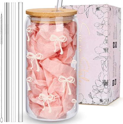 Coquette Cute Pink Bow Glass Cups with Lids and Straws, Aesthetic Iced Coffee Matcha Cup, Girly Preppy Design Tumbler Mug, Valentines Christmas Birthday Gifts for Women, Teen Girl Gifts Trendy Stuff