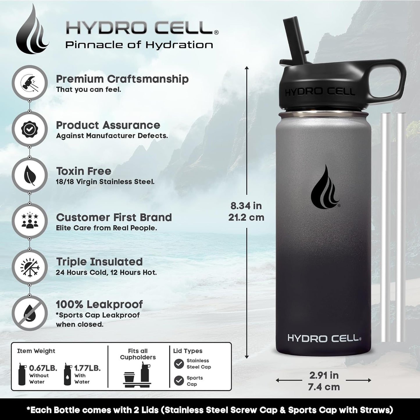 HYDRO CELL Stainless Steel Insulated Water Bottle with Straw - For Cold & Hot Drinks - Metal Vacuum Flask with Screw Cap and Modern Leakproof Sport Thermos for Adults (Neon 18oz)