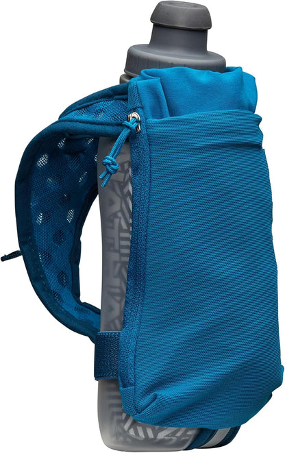 Nathan SpeedDraw 2 Insulated Handheld Running Water Bottle Flask 18oz – Double-Wall Insulation, Ergonomic Grip, Blast Valve Cap, Phone & Key Storage Pockets, Reflective Design