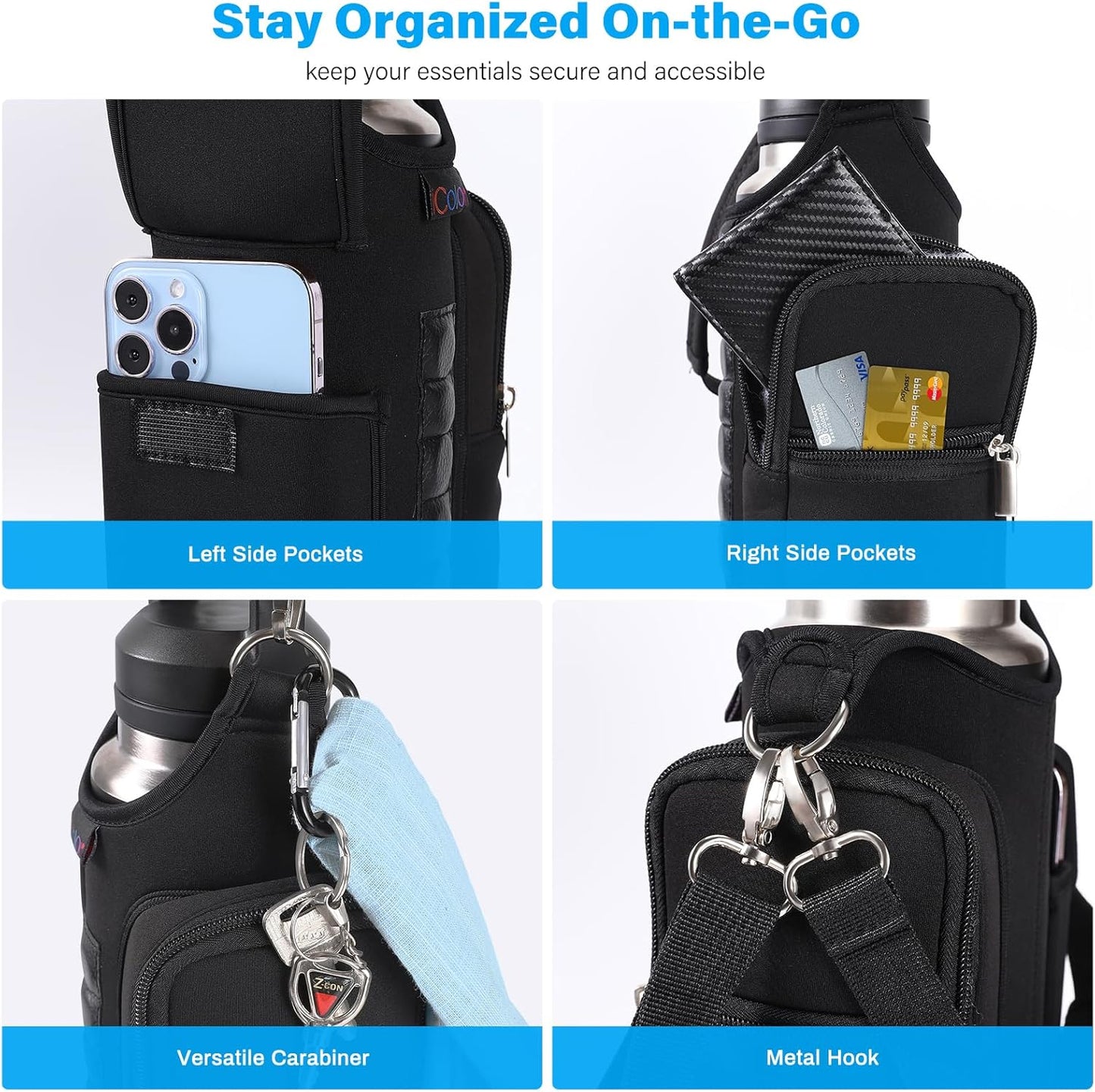 icolor Magnetic Gym Bag Water Bottle Carrier Holder with Phone Pockets & Shoulder Strap,Gym Magnetic Bag 5 Built-in Magnets Gym Accessories Organizer Sling Bottle Bag Pouch Sleeve