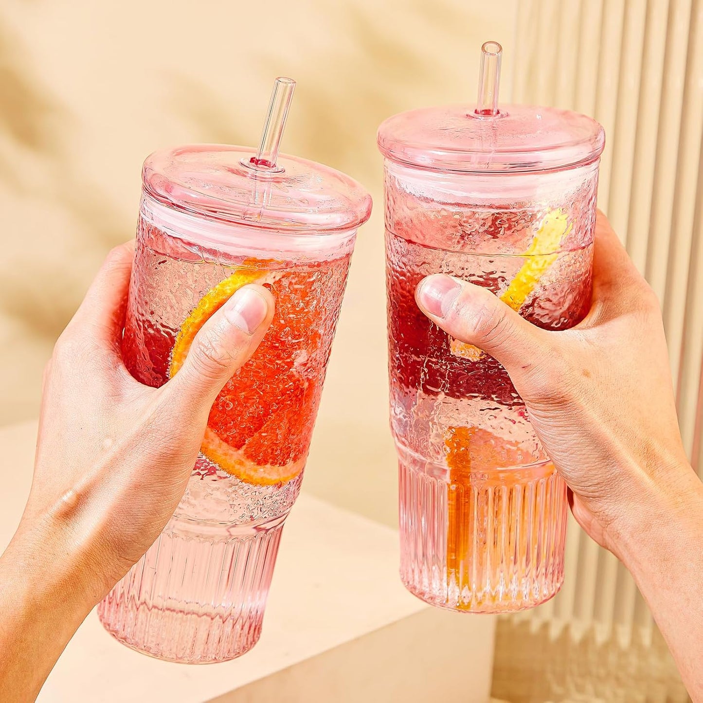 JunVpic Glass Cups with Lids and Straws,24oz Glass Tumbler with Handle Iced Coffee Cup for Coffee,Juice,Tea,Milk,Smoothie,Hot & Cold Drinks (Pink)