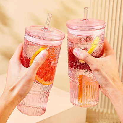 JunVpic Glass Cups with Lids and Straws,24oz Glass Tumbler with Handle Iced Coffee Cup for Coffee,Juice,Tea,Milk,Smoothie,Hot & Cold Drinks (Pink)