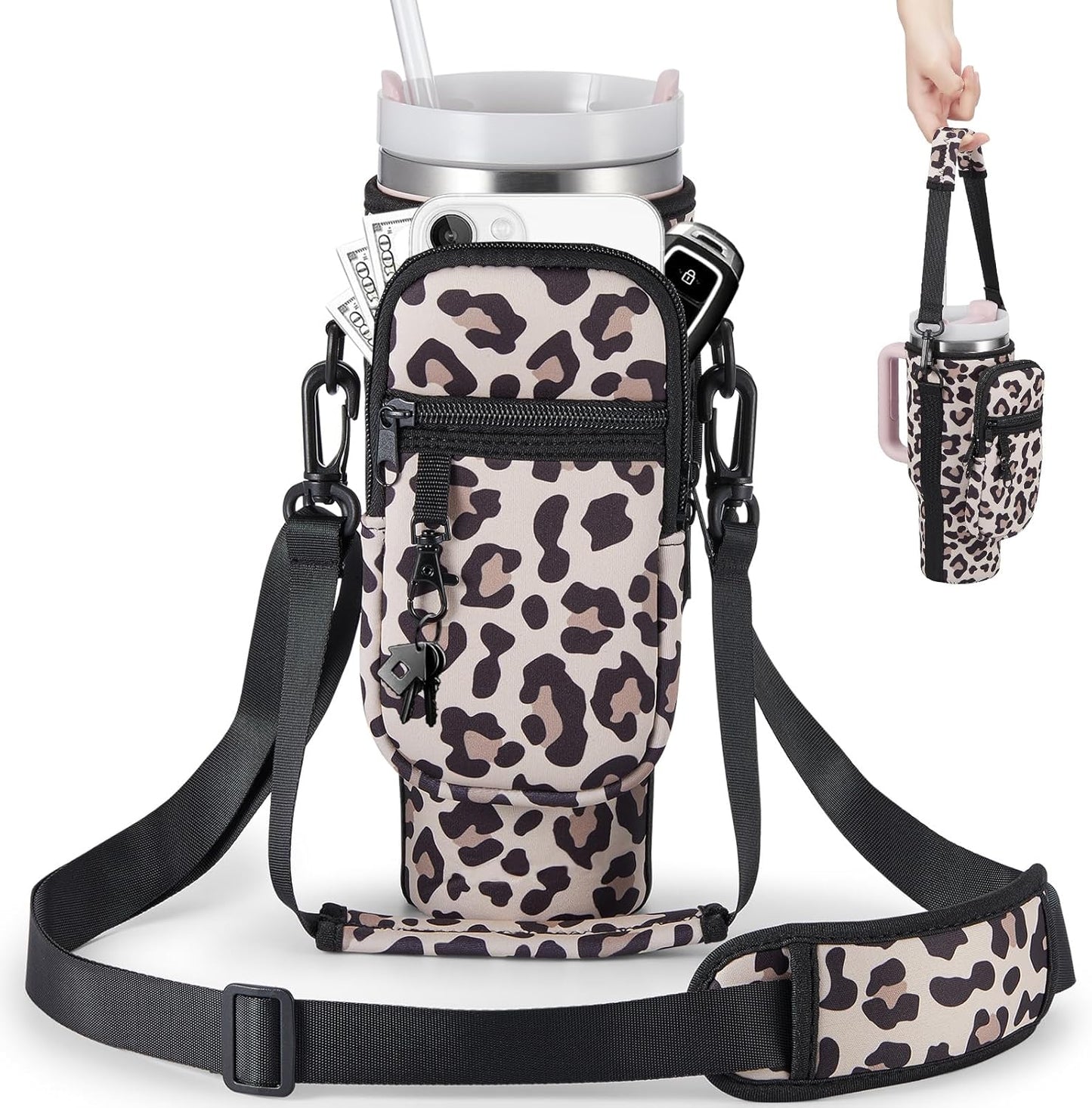 BULKITEM Water Bottle Carrier Bag with Phone Pocket for Stanley 40 & 30 oz Tumbler with Handle,Pink Insulated Neoprene Cup Holder Pouch w/Adjustable Strap for Quencher H2.0 Stanley Cup Accessories