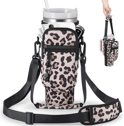 BULKITEM Water Bottle Carrier Bag with Phone Pocket for Stanley 40 & 30 oz Tumbler with Handle,Pink Insulated Neoprene Cup Holder Pouch w/Adjustable Strap for Quencher H2.0 Stanley Cup Accessories