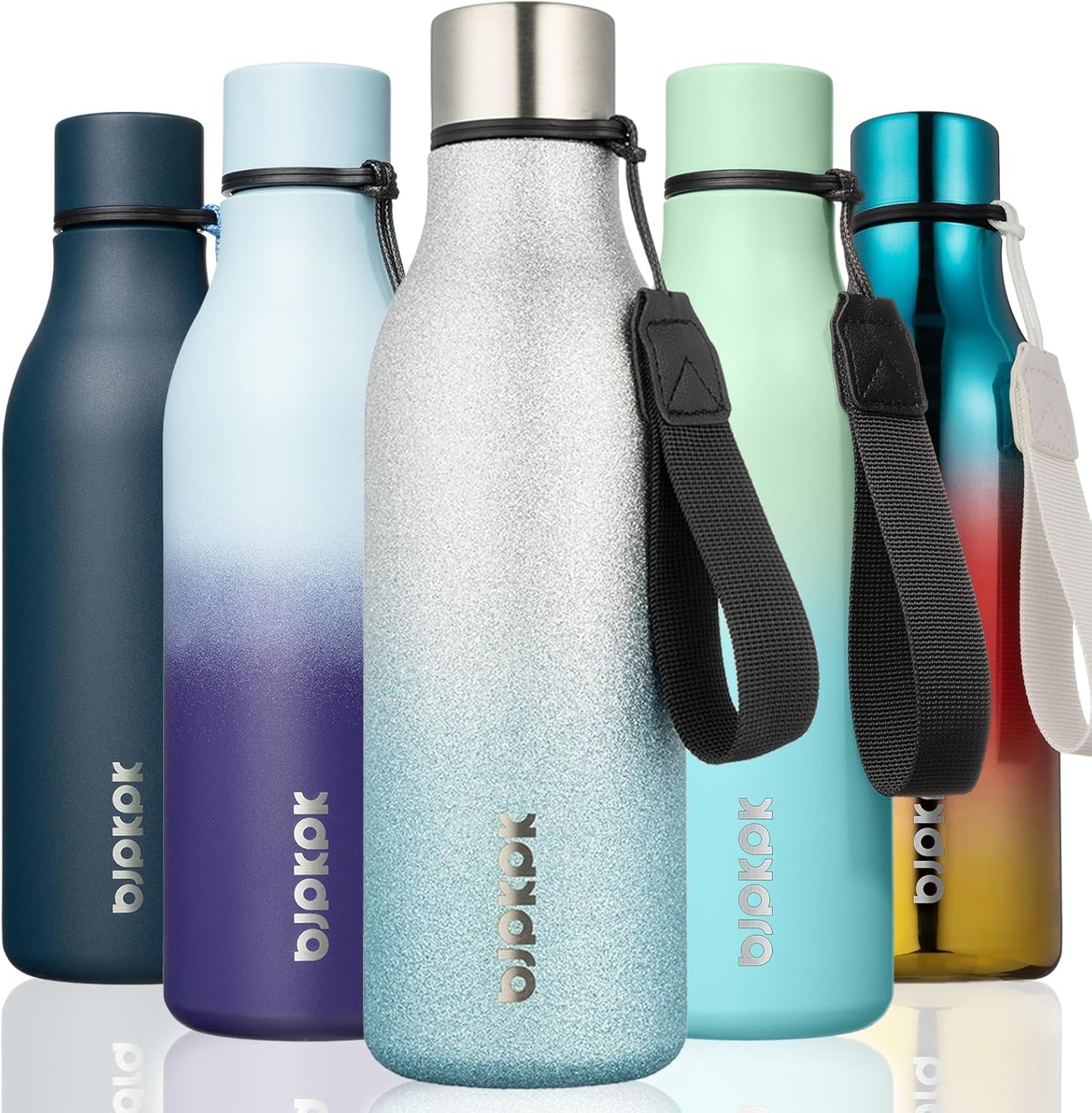 BJPKPK Insulated Water Bottles, 18 oz Stainless Steel Metal Water Bottle with Strap, BPA Free Leak Proof Jugs, Mugs, Flasks, Reusable Thermal Flasks for Sports & Travel, Black - Colors B
