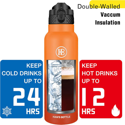Han's Bottle Sports Water Bottle - 24 Oz, Straw Lid, Leak Proof, Vacuum Insulated Stainless Steel, Double Walled, Thermo Mug,Black