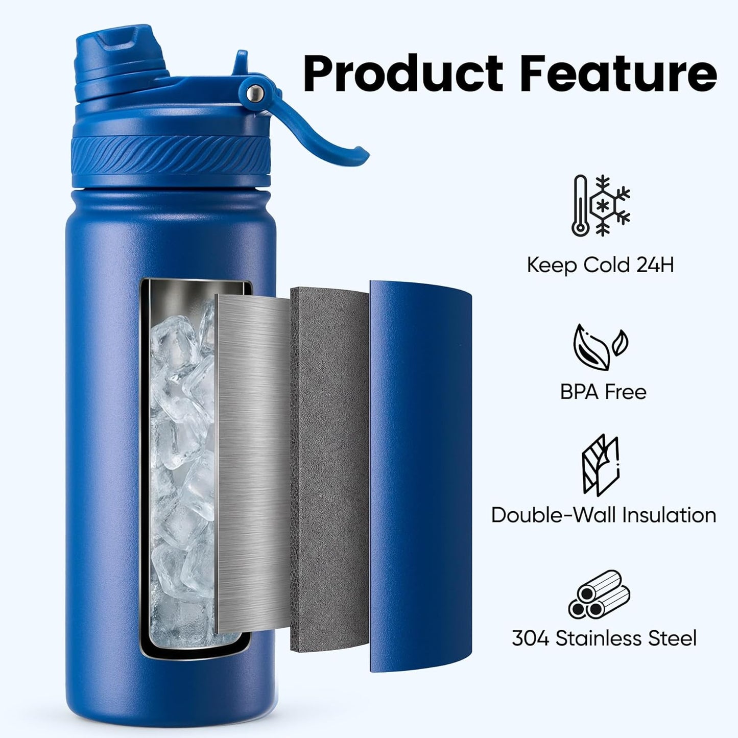 Fijinhom 18 oz Insulated Water Bottle, 2-in-1 Straw and Spout Lid Stainless Steel Thermos, Leak-Proof, Double Wall Vacuum Flask, Keep Cold 24H for Outdoor, Sports, Travel, School (Black)