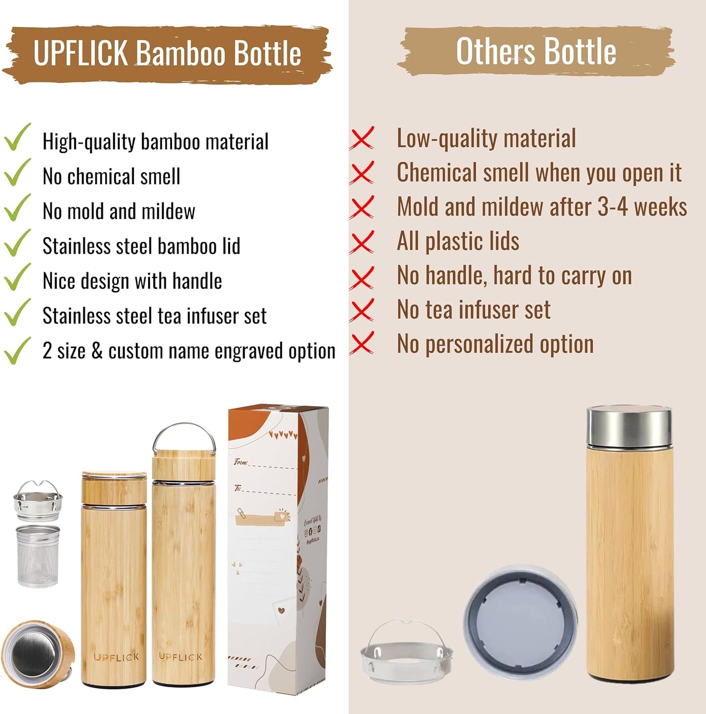 Bamboo Water Bottle Insulated Tea Tumbler for Men Birthday Gift, Women Travel Tea Set with Diffuser for Loose Tea Leaves, Stainless Steel Leak Proof Gift for Mom (15 oz)