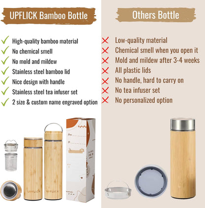 Bamboo Water Bottle Insulated Tea Tumbler for Men Birthday Gift, Women Travel Tea Set with Diffuser for Loose Tea Leaves, Stainless Steel Leak Proof Gift for Mom (15 oz)