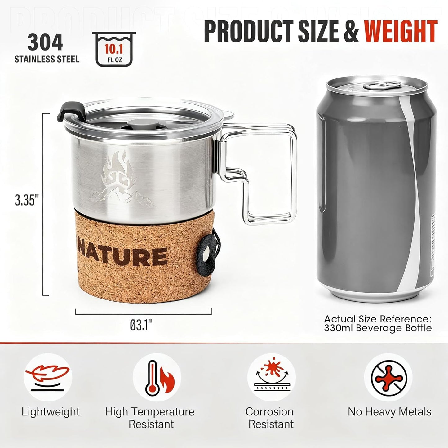 Alocs Camping Mug - Stainless Steel Travel Coffee Mug - Camping Coffee Mugs with Foldable Handle - 10 oz Camping Cup with Lids - Portable Travel Mug for Outdoor Backpacking Hiking Climbing Climbing