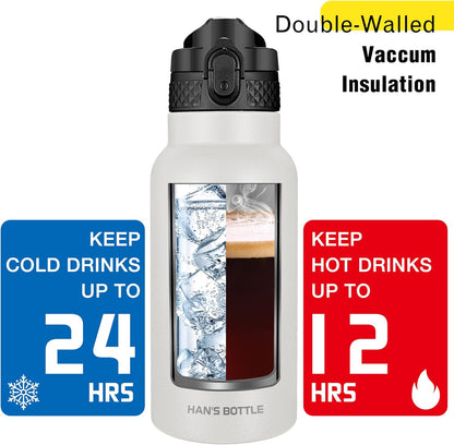 Han's Bottle Sports Water Bottle - 24 Oz, Straw Lid, Leak Proof, Vacuum Insulated Stainless Steel, Double Walled, Thermo Mug,Black