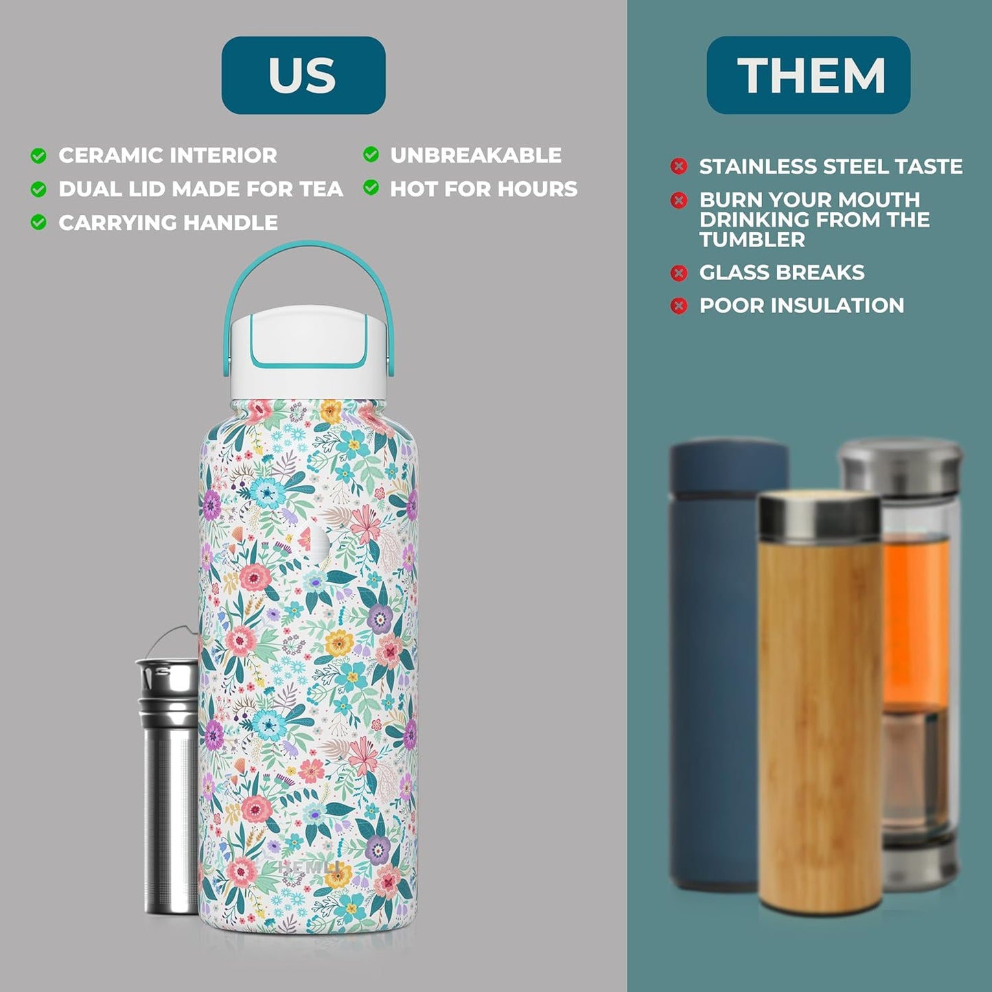22 oz Ceramic Lined Tea Infuser Travel Tumbler, Micro-Mesh Stainless Steel Infuser, Pure Taste Ceramic Interior, Triple Insulated 12hr Hot Cold, Dual Sip & Straw Lid, Scratch-Resistant