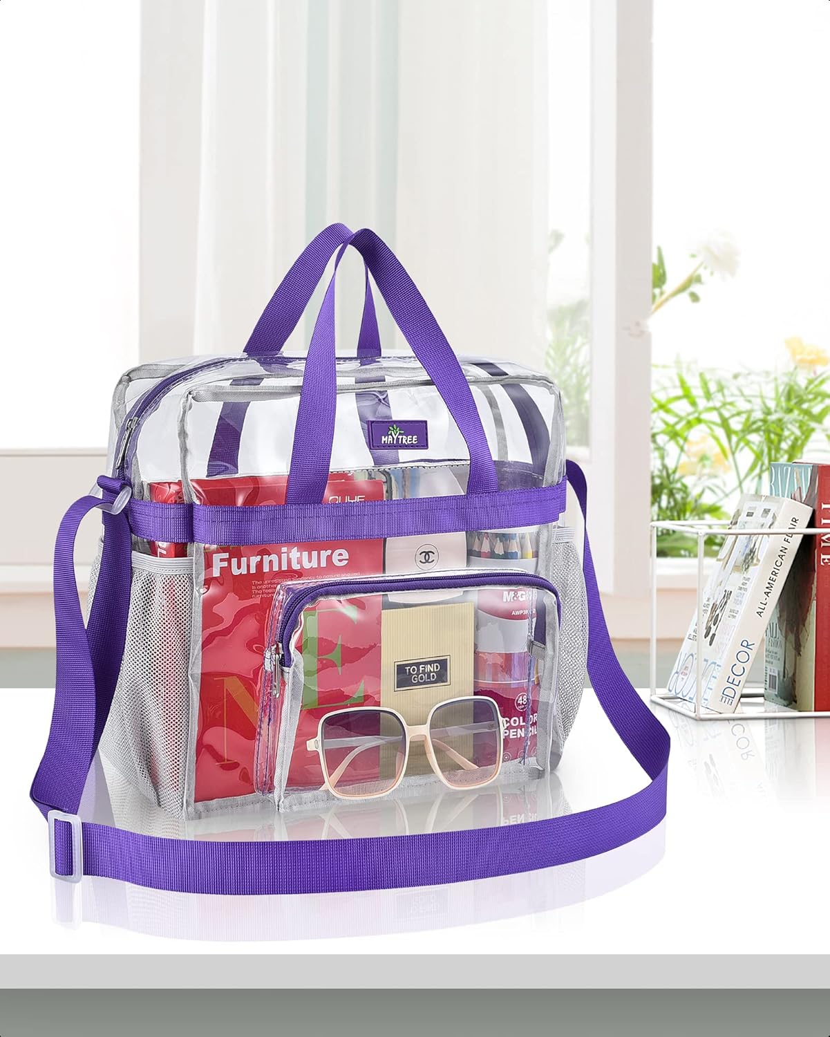 MAY TREE Clear Bag for Stadium Events, 12×5.5×12 Clear Tote Lunch Bag with Non-detachable Reinforced Straps for Work, Sporting Events and Gym, Black