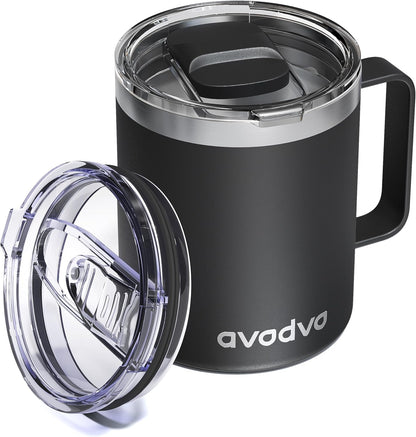12oz Insulated Coffee Mug with Lid – Includes Two Lids, Stainless Steel Coffee Travel Mug with Handle, Double Wall Vacuum Insulated Camping Mug for Home, Office & Outdoor, Navy Blue