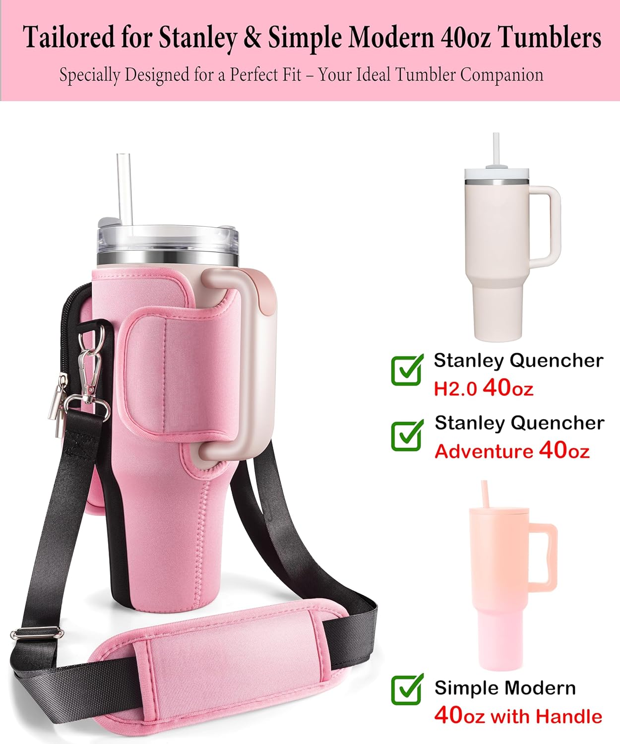 Carrier Bag with Phone Pocket for Stanley 40 oz Tumbler with Handle & Simple Modern 40oz Tumbler - Water Bottle Sling Sleeve Holder for Stanley Cup Accessories with Adjustable Shoulder & Hand Strap