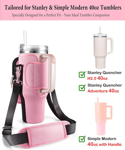 Carrier Bag with Phone Pocket for Stanley 40 oz Tumbler with Handle & Simple Modern 40oz Tumbler - Water Bottle Sling Sleeve Holder for Stanley Cup Accessories with Adjustable Shoulder & Hand Strap
