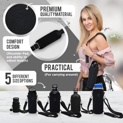 Made Easy Kit Neoprene Water Bottle Carrier Holder with Adjustable Shoulder Strap for Insulating & Carrying Water Container Canteen Flask Available in 5 Sizes (Black, M (16oz-22oz))