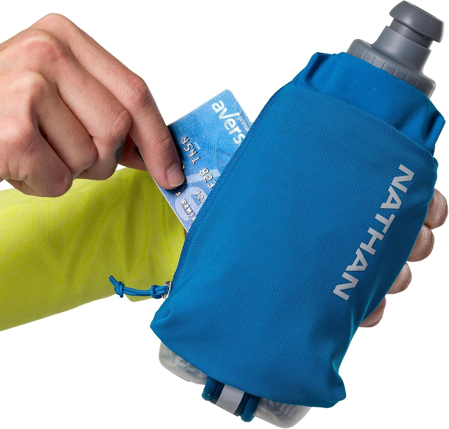 Nathan SpeedDraw 2 Insulated Handheld Running Water Bottle Flask 18oz – Double-Wall Insulation, Ergonomic Grip, Blast Valve Cap, Phone & Key Storage Pockets, Reflective Design