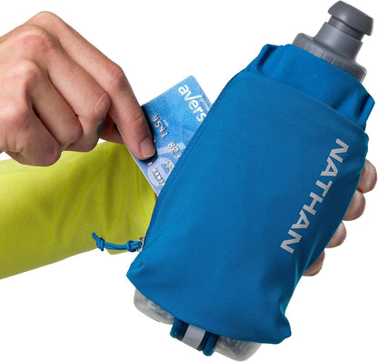 Nathan SpeedDraw 2 Insulated Handheld Running Water Bottle Flask 18oz – Double-Wall Insulation, Ergonomic Grip, Blast Valve Cap, Phone & Key Storage Pockets, Reflective Design