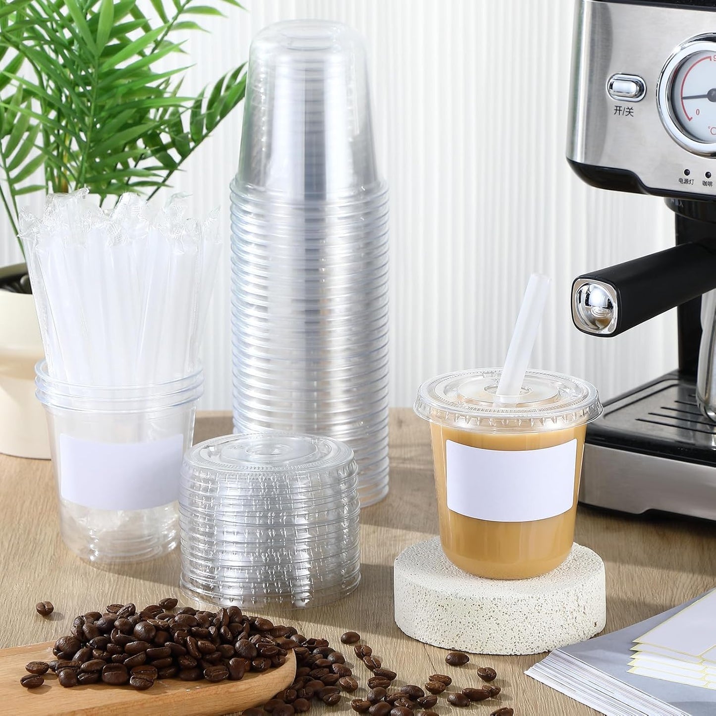 Ziliny 50 Sets Crystal Clear Plastic Cups with Lids, Straws and Stickers, Disposable Iced Coffee Cups Thickened PET for Iced Coffee, Bubble BobaTea, Smoothie, Cold Drinks, Juice, Shops (12 oz)