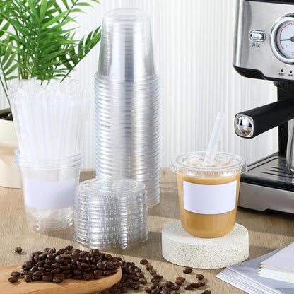 Ziliny 50 Sets Crystal Clear Plastic Cups with Lids, Straws and Stickers, Disposable Iced Coffee Cups Thickened PET for Iced Coffee, Bubble BobaTea, Smoothie, Cold Drinks, Juice, Shops (12 oz)