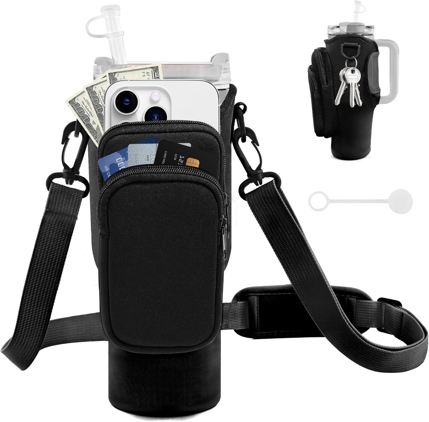 JEBEALUO Water Bottle Carrier Bag with Phone Pocket for Stanley Cup 40/30 oz, Water Bottle Holder with Adjustable Strap& Straw Cover, Stanley Cup Accessories