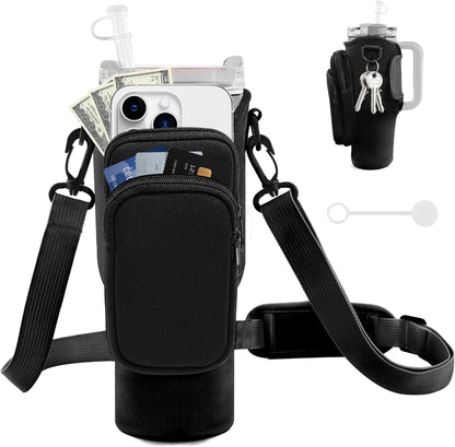 JEBEALUO Water Bottle Carrier Bag with Phone Pocket for Stanley Cup 40/30 oz, Water Bottle Holder with Adjustable Strap& Straw Cover, Stanley Cup Accessories