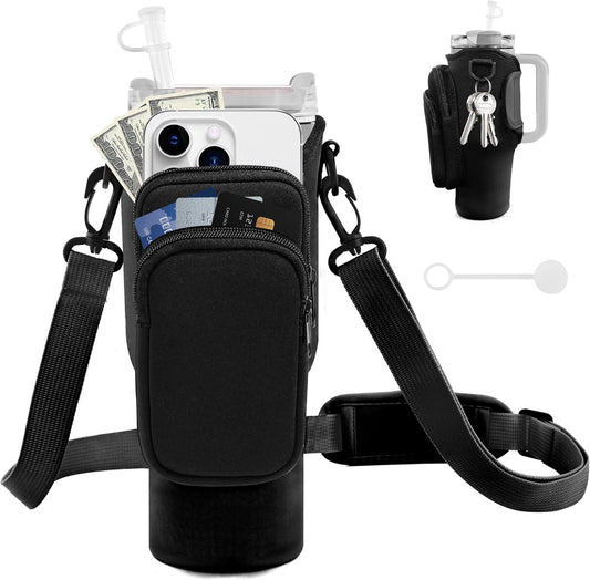 JEBEALUO Water Bottle Carrier Bag with Phone Pocket for Stanley Cup 40/30 oz, Water Bottle Holder with Adjustable Strap& Straw Cover, Stanley Cup Accessories