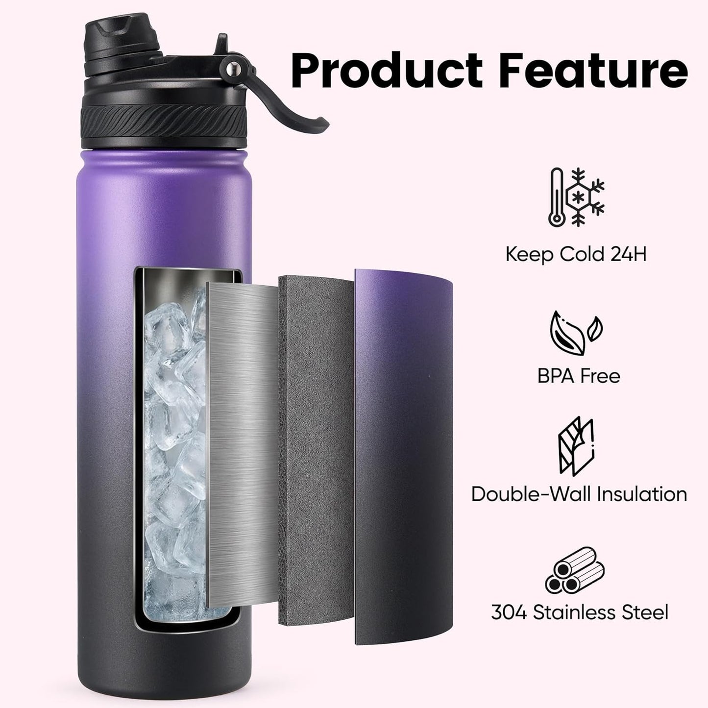 Fijinhom 18 oz Insulated Water Bottle, 2-in-1 Straw and Spout Lid Stainless Steel Thermos, Leak-Proof, Double Wall Vacuum Flask, Keep Cold 24H for Outdoor, Sports, Travel, School (Black)