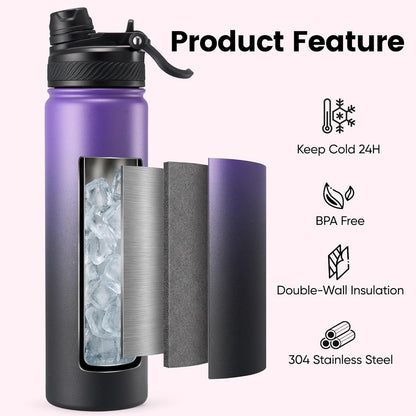 Fijinhom 18 oz Insulated Water Bottle, 2-in-1 Straw and Spout Lid Stainless Steel Thermos, Leak-Proof, Double Wall Vacuum Flask, Keep Cold 24H for Outdoor, Sports, Travel, School (Black)