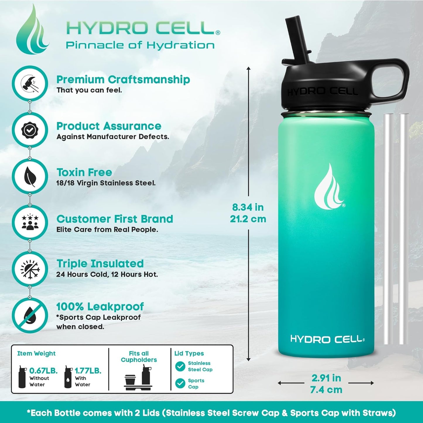 HYDRO CELL Stainless Steel Insulated Water Bottle with Straw - For Cold & Hot Drinks - Metal Vacuum Flask with Screw Cap and Modern Leakproof Sport Thermos for Adults (Neon 18oz)