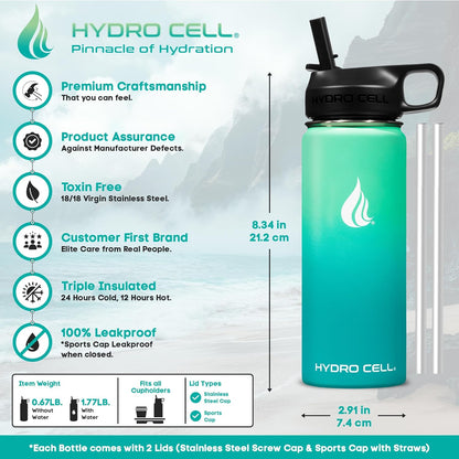 HYDRO CELL Stainless Steel Insulated Water Bottle with Straw - For Cold & Hot Drinks - Metal Vacuum Flask with Screw Cap and Modern Leakproof Sport Thermos for Adults (Neon 18oz)