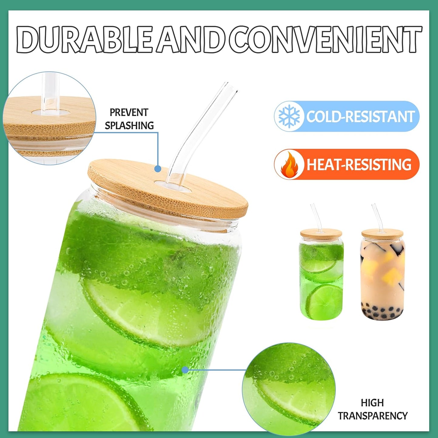 Joyclub 20 Set Glass Cups with Bamboo Lids and Glass Straws 16oz Can Shaped Reusable Iced Coffee Glasses Bulk Set Drinking Jars wholesale for Party Weddings Cafes Boba Shops Gifts DIY