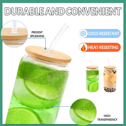 Joyclub 20 Set Glass Cups with Bamboo Lids and Glass Straws 16oz Can Shaped Reusable Iced Coffee Glasses Bulk Set Drinking Jars wholesale for Party Weddings Cafes Boba Shops Gifts DIY