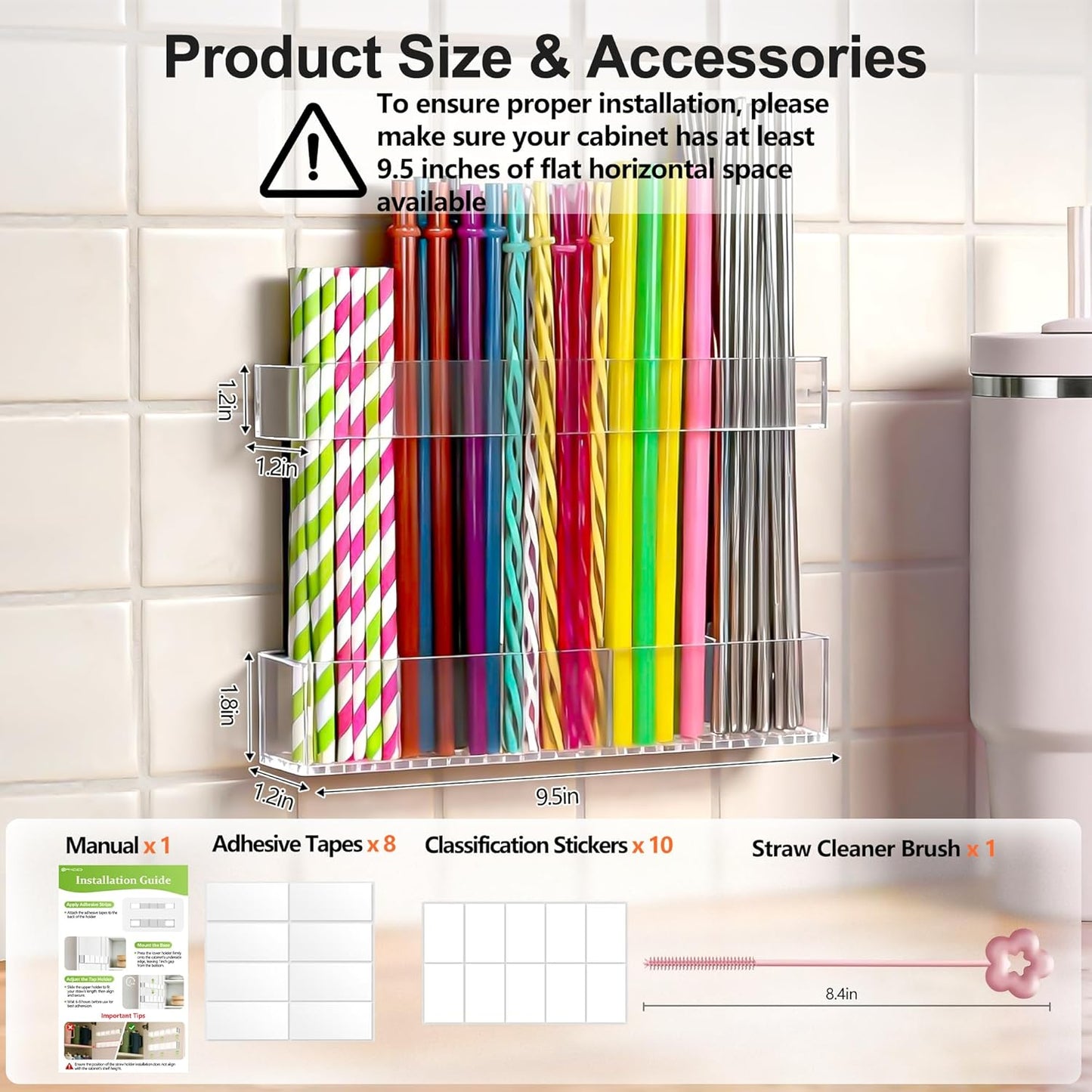 9.5” Large Acrylic Straw Holder for Cabinet Door, Reusable Adjustable Two-Part Straws Organizer with Ultra Sticky Adhesive Strips, 2026 Straw Storage for Kitchen Cupboard (Transparent)