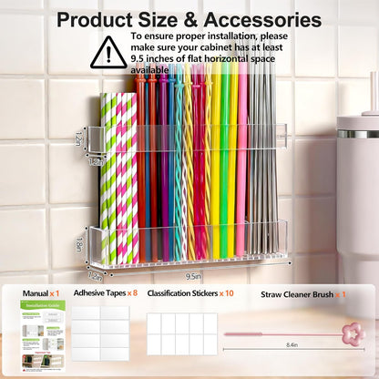 9.5” Large Acrylic Straw Holder for Cabinet Door, Reusable Adjustable Two-Part Straws Organizer with Ultra Sticky Adhesive Strips, 2026 Straw Storage for Kitchen Cupboard (Transparent)