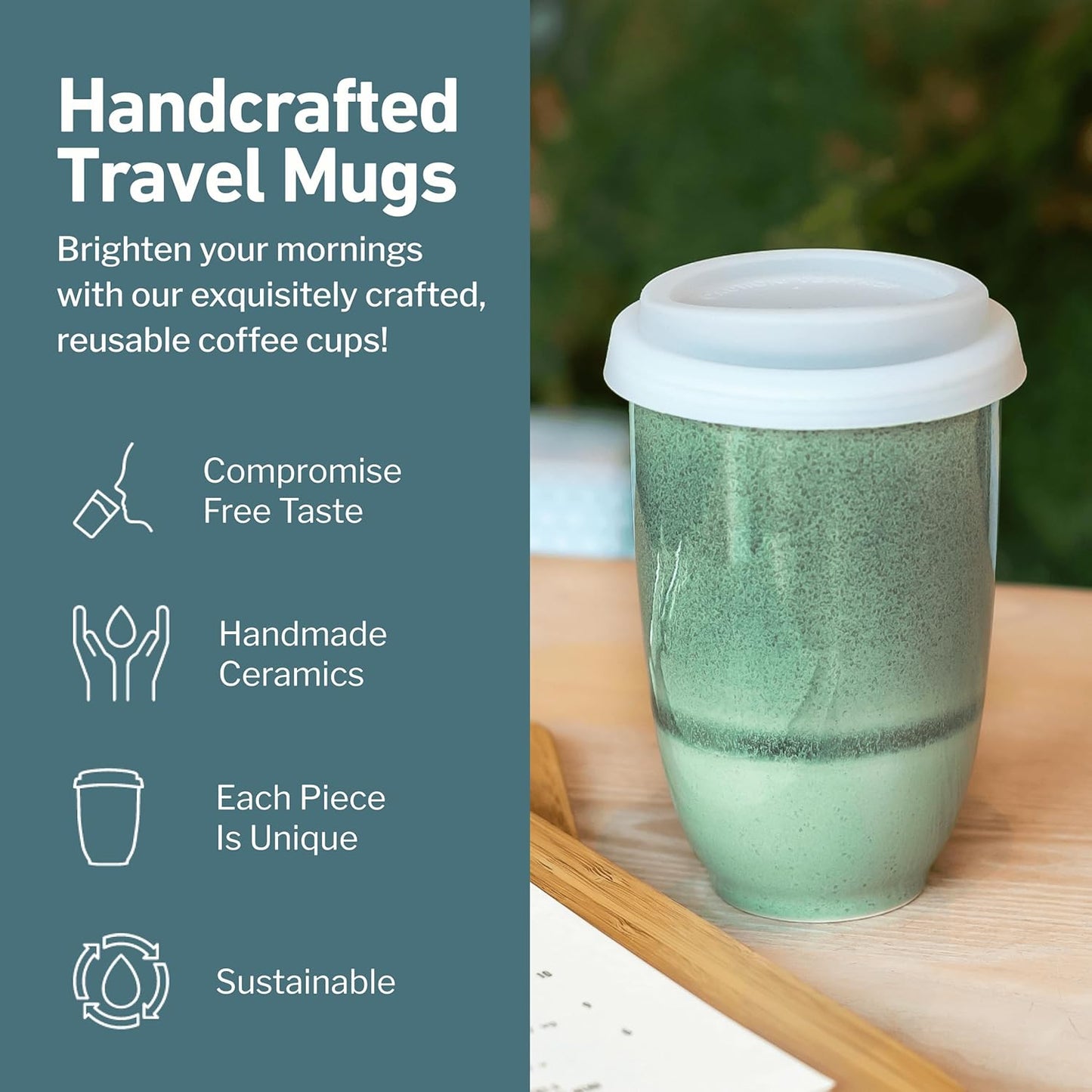 NOVA CERAMICS Coffee Tumbler – Travel Mug - On the Go Coffee Mug – Microwave & Dishwasher Safe Green Coffee Tumbler - Gifts For Women Men Him Her – 16oz – Monsoon