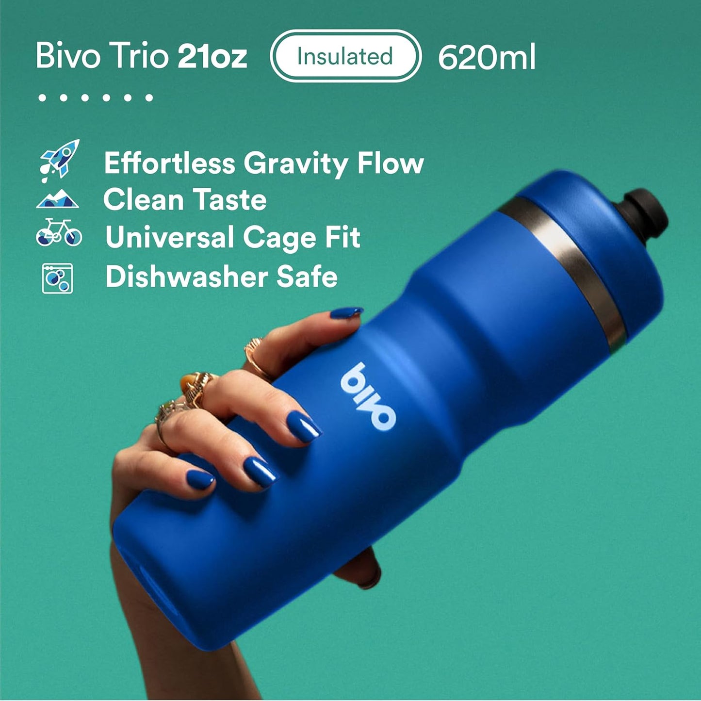 Bivo Trio 21oz Insulated Stainless Steel Bike Water Bottle - for Cycling - Fits Most Cages, Dishwasher Safe - Keeps Drinks Cold 12+ Hours - True Blue