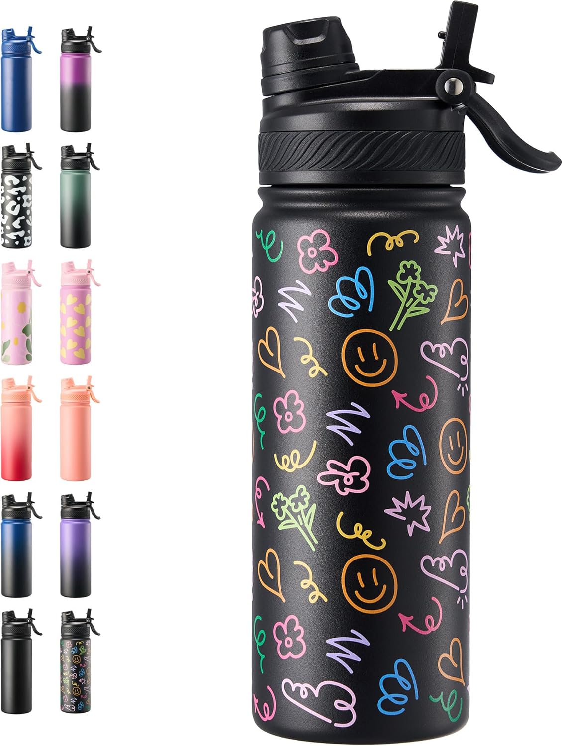 Fijinhom 18 oz Insulated Water Bottle, 2-in-1 Straw and Spout Lid Stainless Steel Thermos, Leak-Proof, Double Wall Vacuum Flask, Keep Cold 24H for Outdoor, Sports, Travel, School (Black)