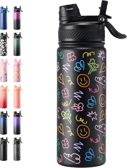 Fijinhom 18 oz Insulated Water Bottle, 2-in-1 Straw and Spout Lid Stainless Steel Thermos, Leak-Proof, Double Wall Vacuum Flask, Keep Cold 24H for Outdoor, Sports, Travel, School (Black)