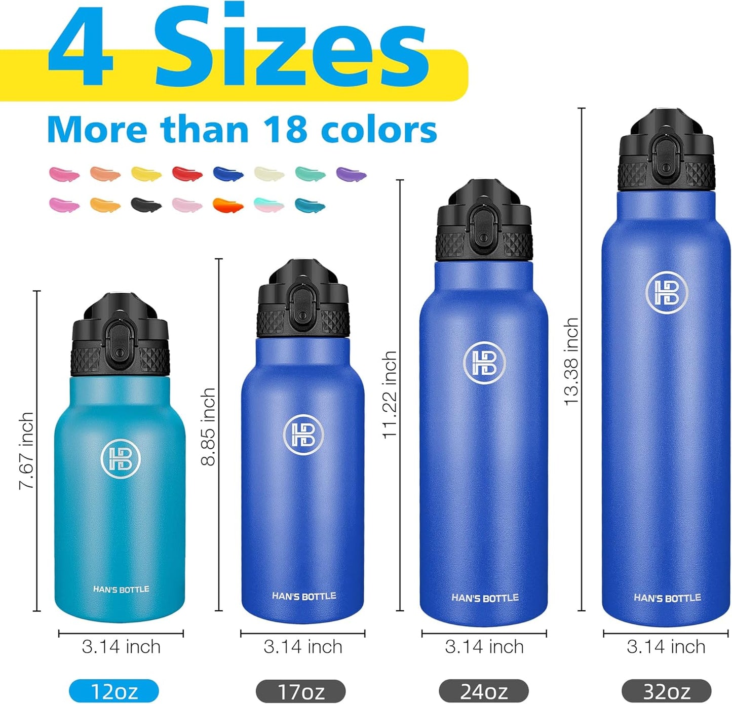 Han's Bottle Sports Water Bottle - 24 Oz, Straw Lid, Leak Proof, Vacuum Insulated Stainless Steel, Double Walled, Thermo Mug,Black