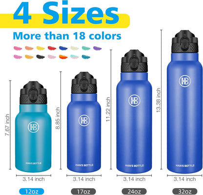 Han's Bottle Sports Water Bottle - 24 Oz, Straw Lid, Leak Proof, Vacuum Insulated Stainless Steel, Double Walled, Thermo Mug,Black