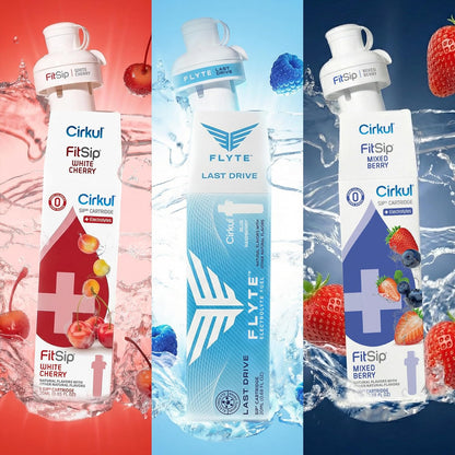 Cirkul 22oz. BPA-Free Plastic Water Bottle Starter Kit with Blue Lid, 2 Flavor Cartridges (1 LifeSip Fruit Punch, 1 FitSip Mixed Berry) No Sugar, Zero Calorie Drink Mix
